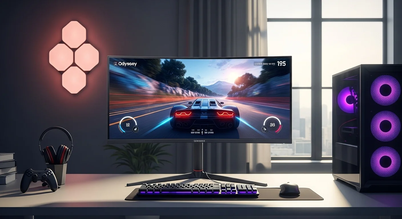 Una configuración de computadora de alta gama con un monitor Curvo Samsung Odyssey iluminado, mostrando un videojuego vibrante.