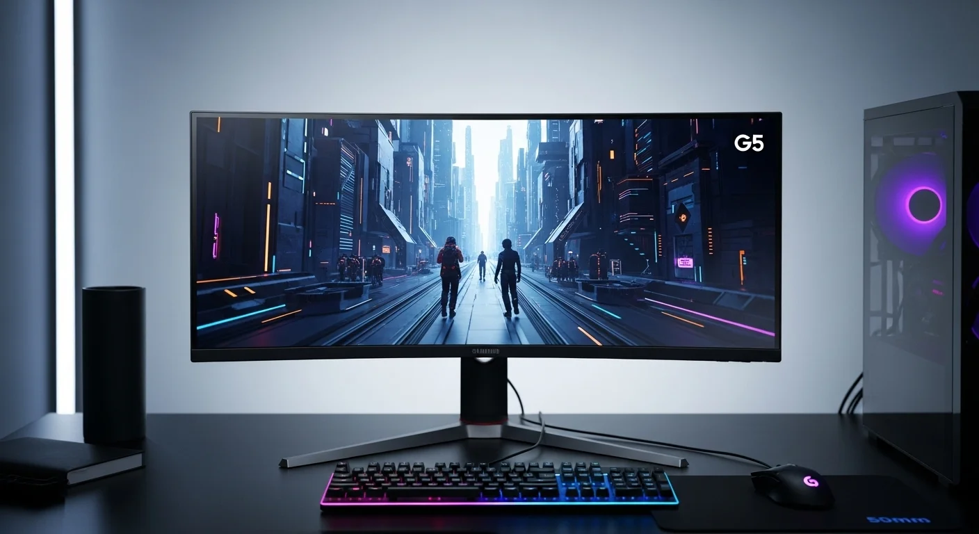 Monitor curvo G5 Samsung en un escritorio para computadoras gaming, mostrando su diseño inmersivo.