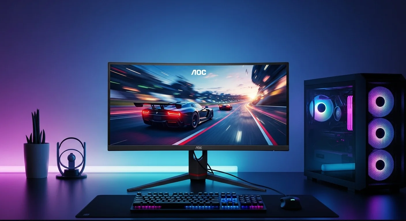 Un setup de computadora gamer de alto rendimiento con un monitor Aoc curvo iluminado con luces LED, mostrando la calidad de imagen.
