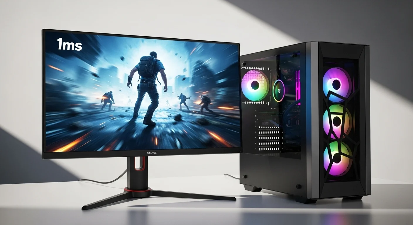 Un monitor de gaming de 1ms mostrando una escena de acción vibrante, junto a una computadora potente con luces RGB.