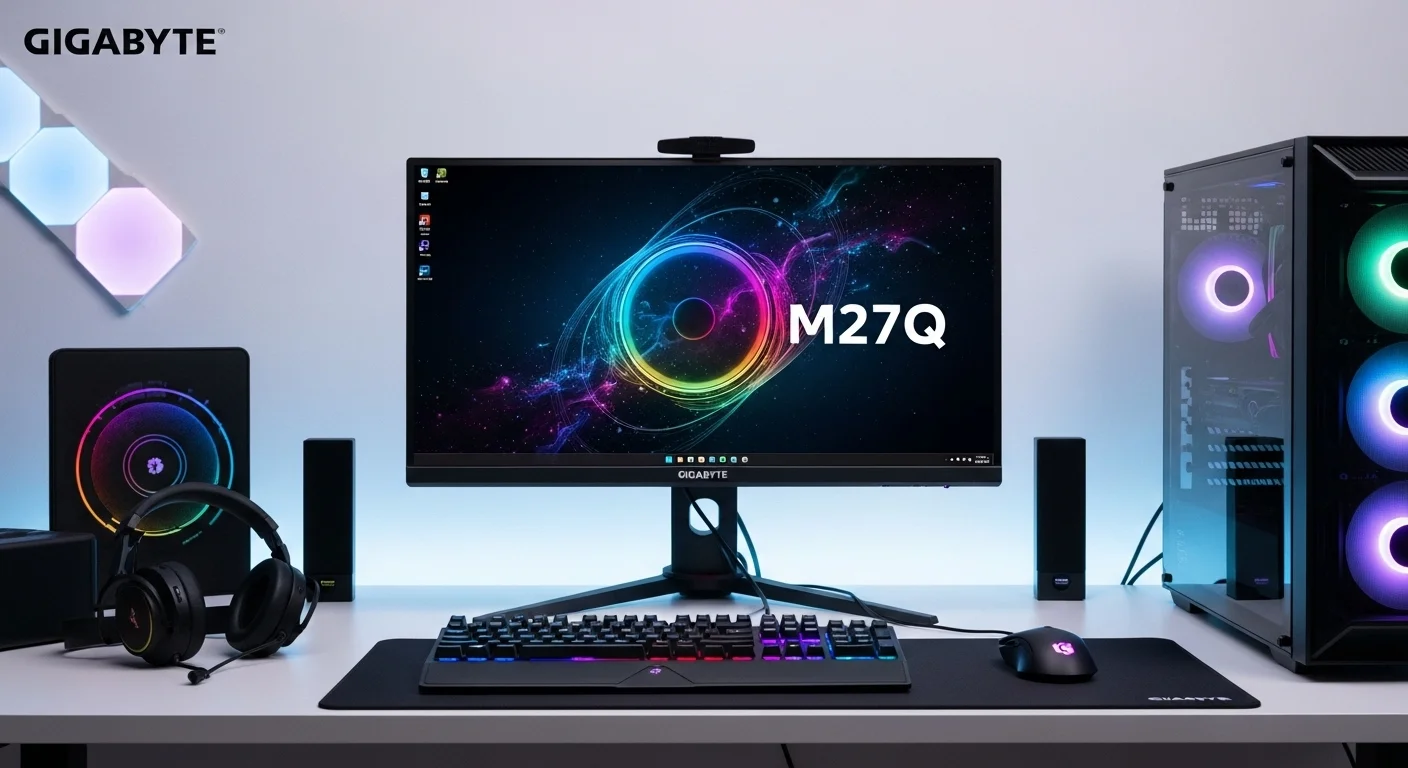 Monitor Gigabyte M27Q en un escritorio de computadoras para gaming con luces RGB.