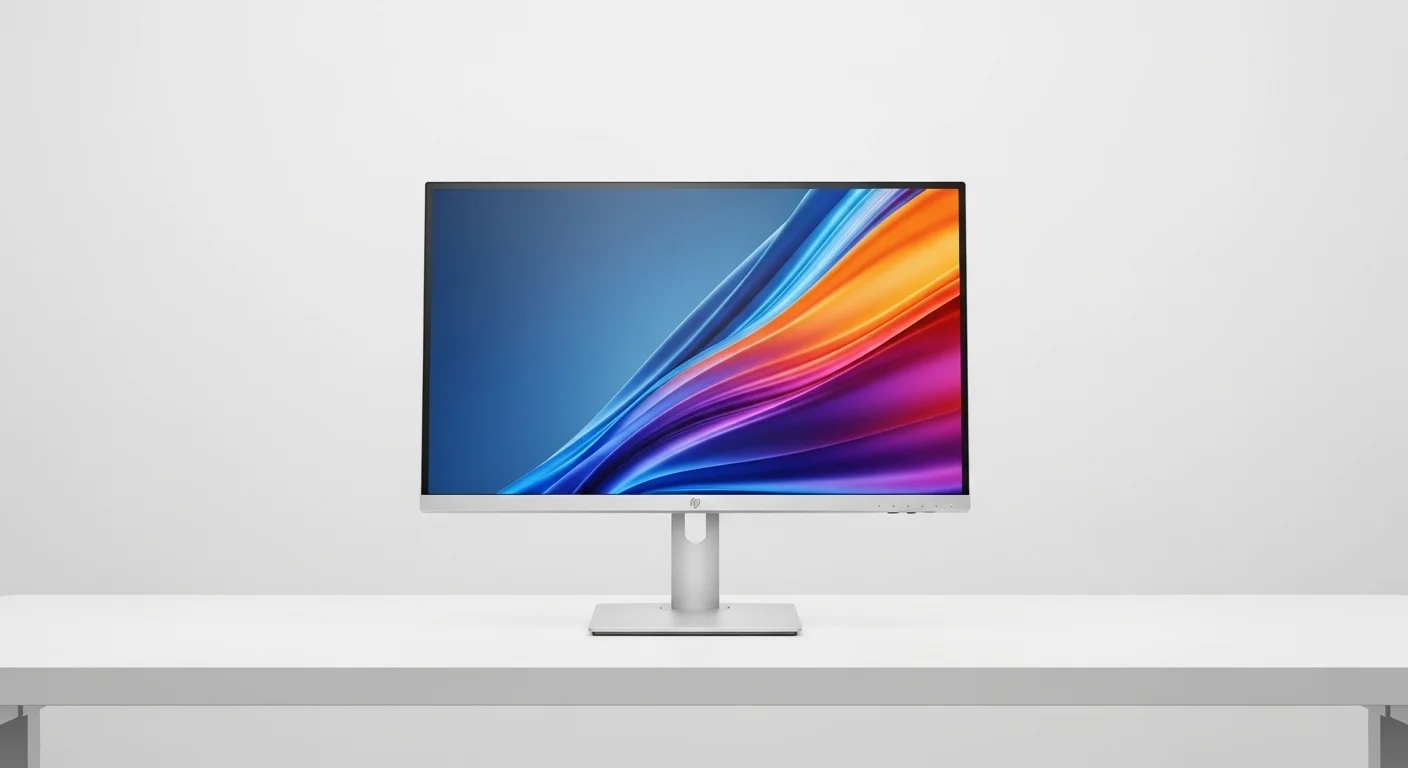 Monitor HP EliteDisplay E232 en un escritorio de oficina, mostrando su diseño ergonómico y profesional para computadoras.