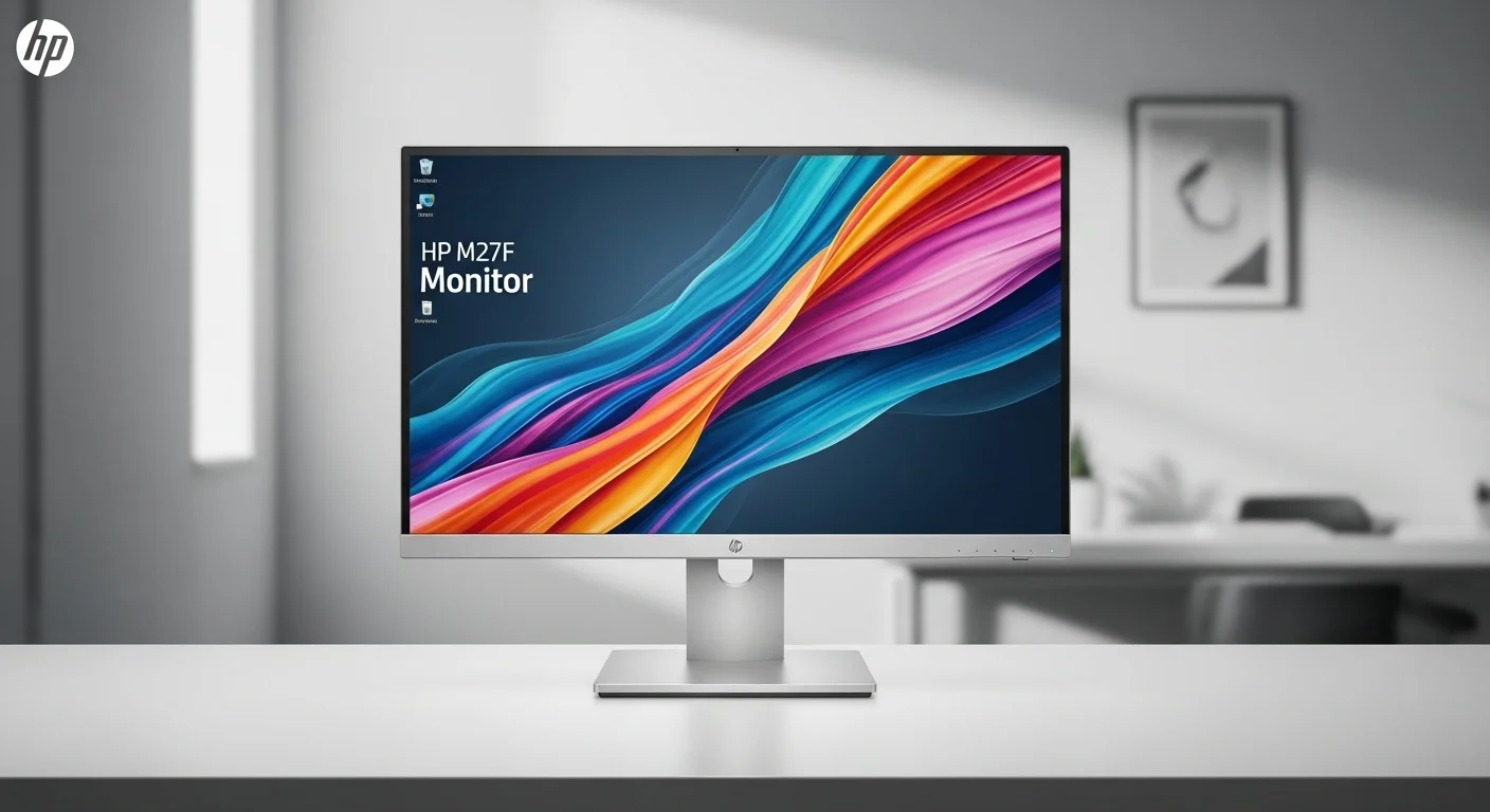 Moderno monitor HP m27f exhibiendo colores vibrantes en un escritorio minimalista, optimizado para computadoras personales.