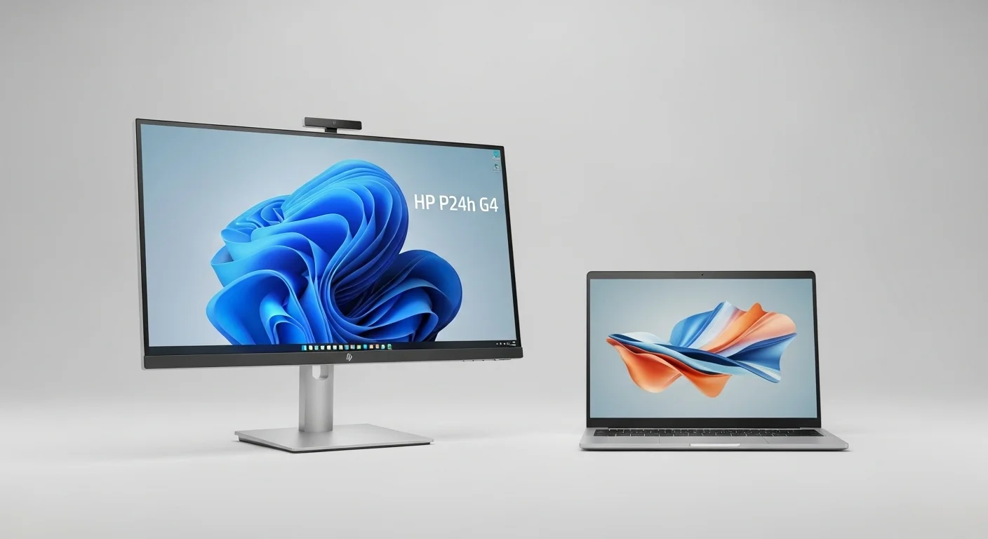 Monitor HP P24h G4 en un escritorio moderno junto a una computadora portátil, mostrando su diseño ergonómico y biseles delgados.