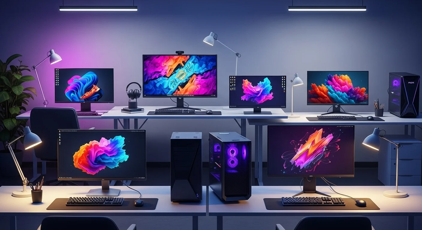 Una configuración de varias computadoras con monitores IPS mostrando gráficos coloridos y nítidos, representando la tecnología de pantalla avanzada.