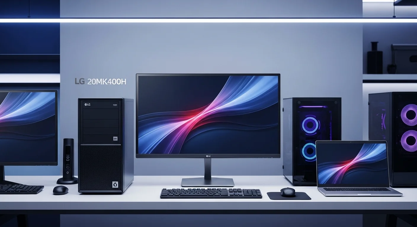 Monitor LG 20MK400H en un escritorio junto a varias computadoras, mostrando su versatilidad para entornos de oficina y gaming.