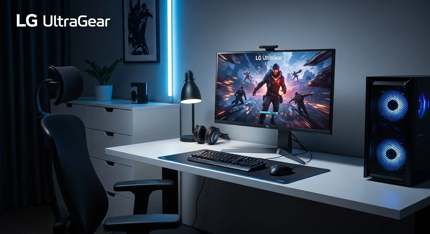 Setup de computadoras con un monitor LG UltraGear iluminado, mostrando un juego de alta acción en la pantalla.
