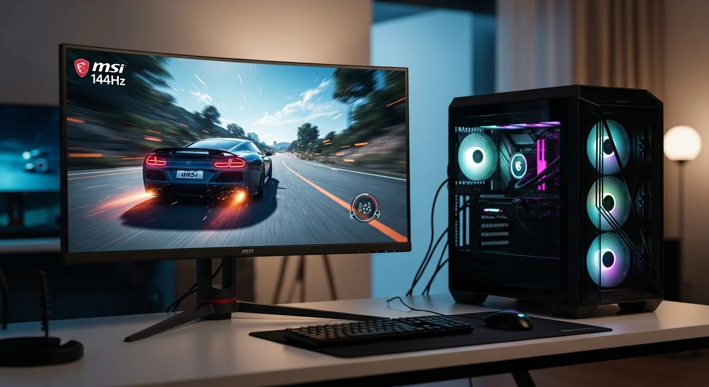 Un monitor MSI 144Hz curvo mostrando un videojuego vibrante, colocado en un escritorio junto a una computadora gaming iluminada con RGB.