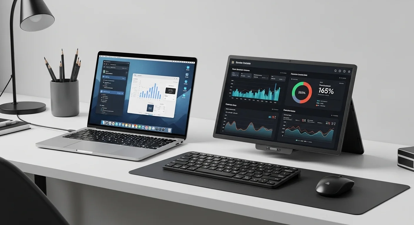 Setup de trabajo moderno con una laptop y un monitor portátil sobre un escritorio, mostrando gráficos de productividad en ambas pantallas.