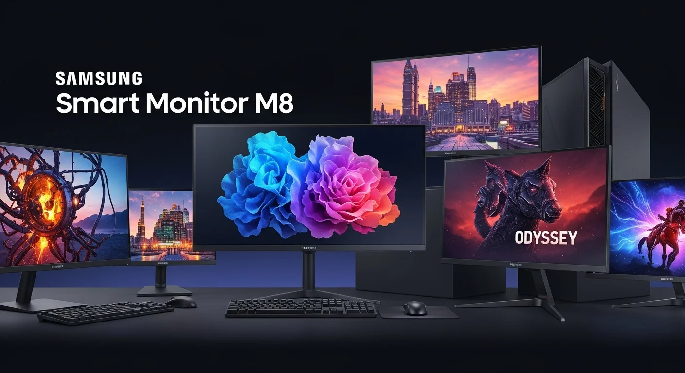 Una composición de varios monitores Samsung, incluyendo un Smart Monitor M8 y un monitor gaming Odyssey, mostrando su versatilidad para computadoras.