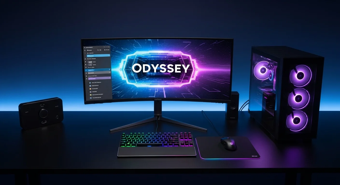 Un setup de computadora gaming con un monitor curvo Samsung Odyssey iluminado, mostrando gráficos vibrantes.