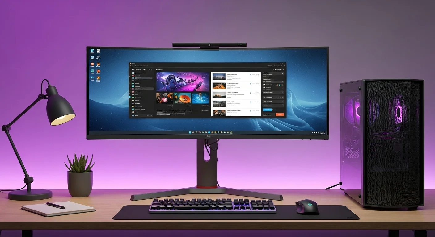 Moderno setup de computadoras con un monitor 34 pulgadas ultrawide curvo mostrando un espacio de trabajo productivo.