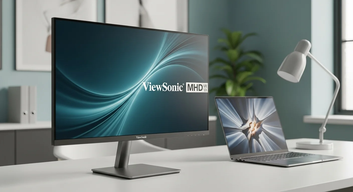 Moderno monitor ViewSonic Mhd de la serie VX en un escritorio junto a una computadora portátil, mostrando su diseño sin bordes y una imagen nítida.