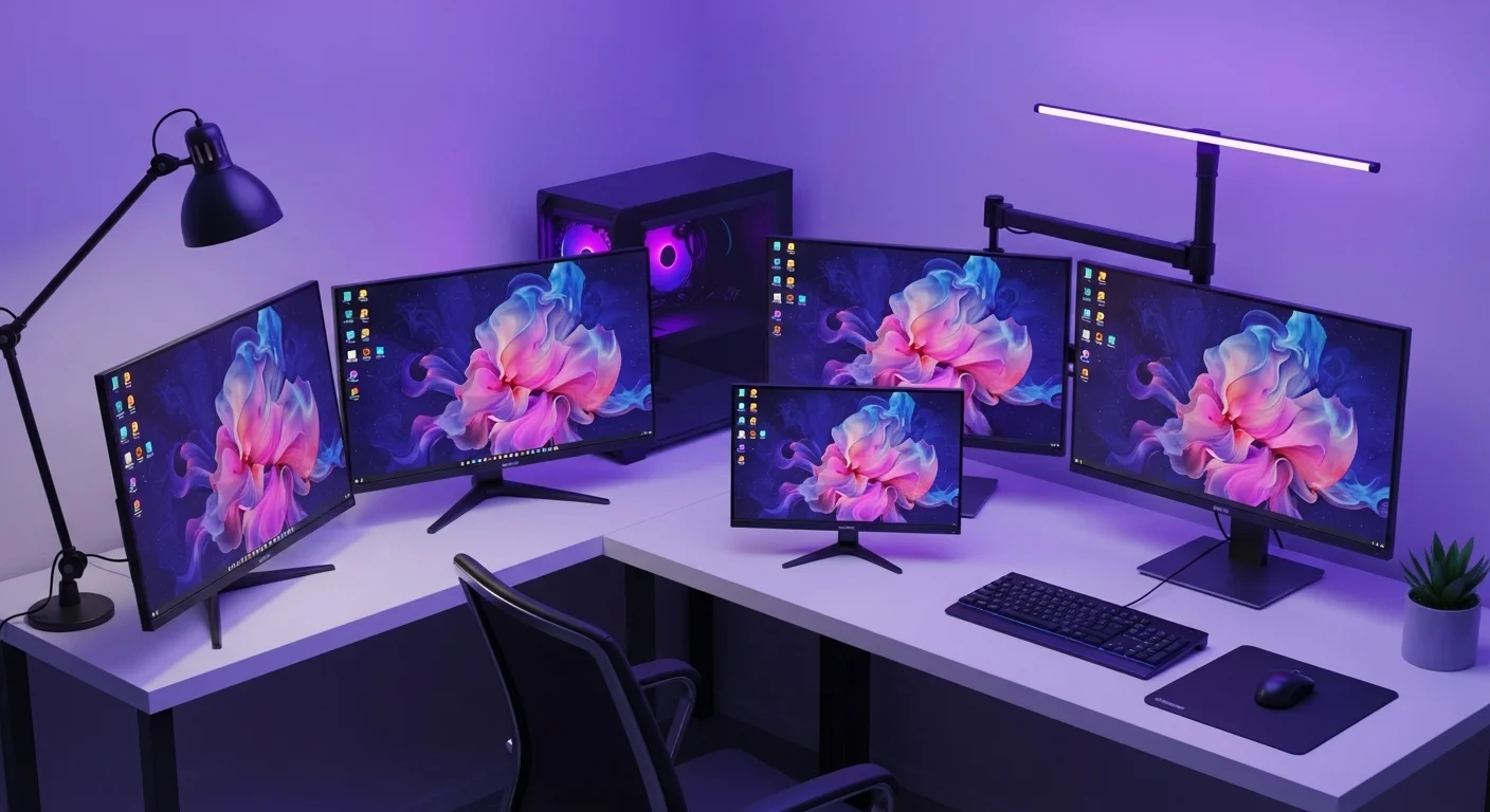 Setup de computadoras con múltiples monitores baratos iluminados por LED