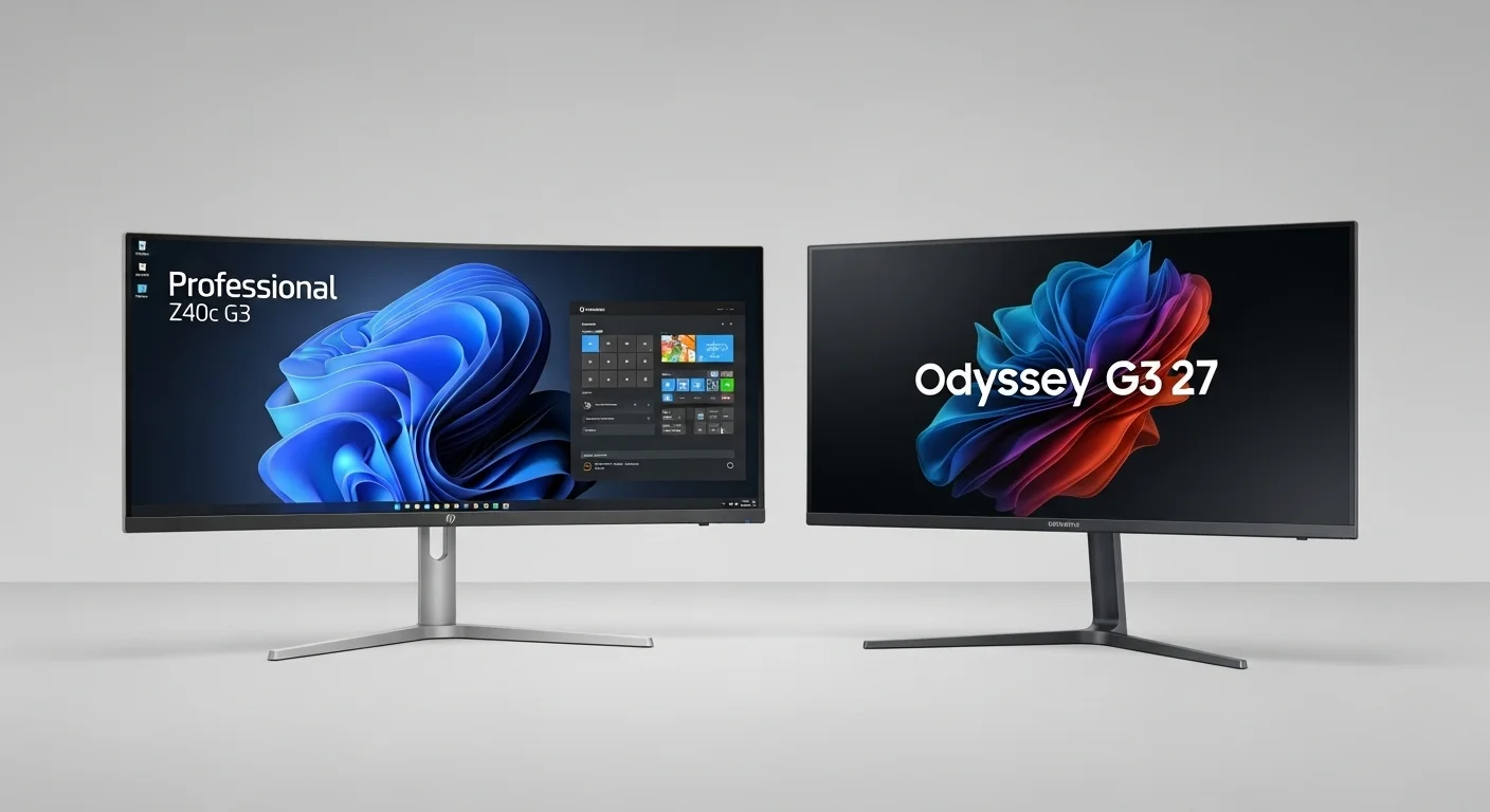 Una composición de monitores G3, mostrando un monitor curvo profesional HP Z40c G3 junto a un monitor de gaming Samsung Odyssey G3 27, representando la dualidad entre productividad y juego para computadoras.