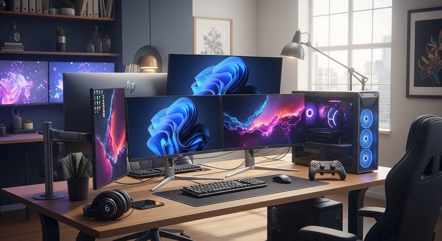 Moderno setup de trabajo y gaming con múltiples monitores para computadoras de alta resolución