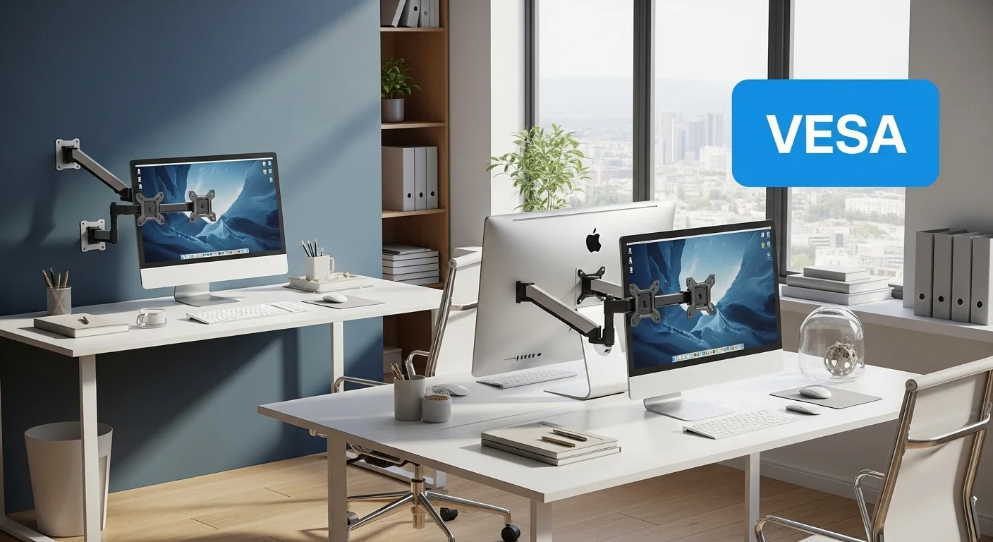 Una configuración de oficina moderna con dos computadoras y monitores montados en brazos VESA para una mejor ergonomía y espacio en el escritorio.