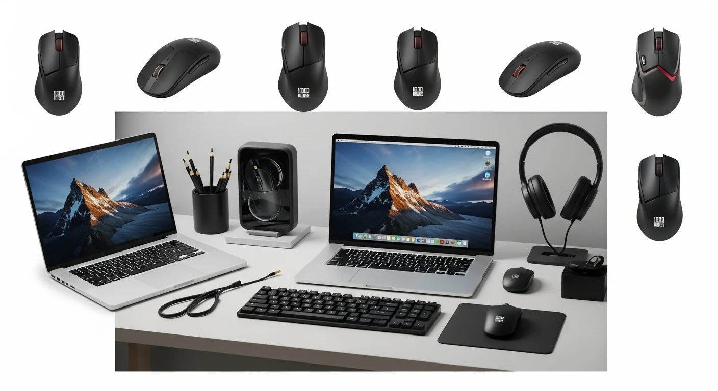 Collage de diferentes modelos de Mouse 1000 sobre un escritorio moderno con computadoras y accesorios de tecnología