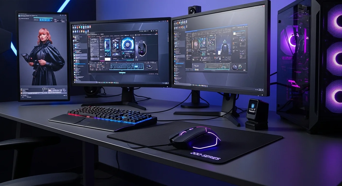 Un escritorio de trabajo y gaming moderno con computadoras, donde destaca un mouse de la serie 200 junto a un teclado iluminado y múltiples pantallas.