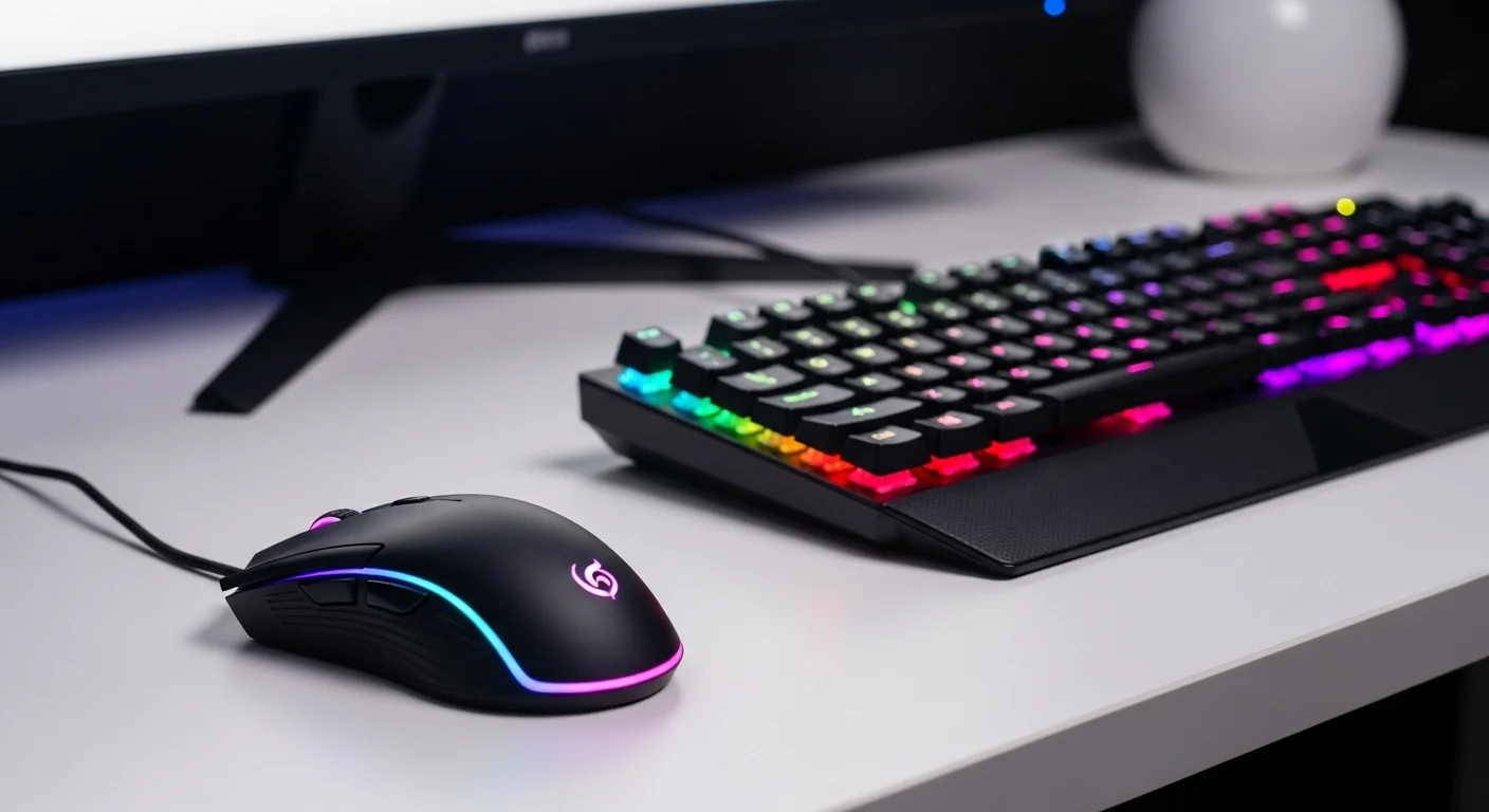 Un mouse gamer alámbrico con iluminación RGB sobre un escritorio junto a un teclado, mostrando un setup de computadora de alto rendimiento.