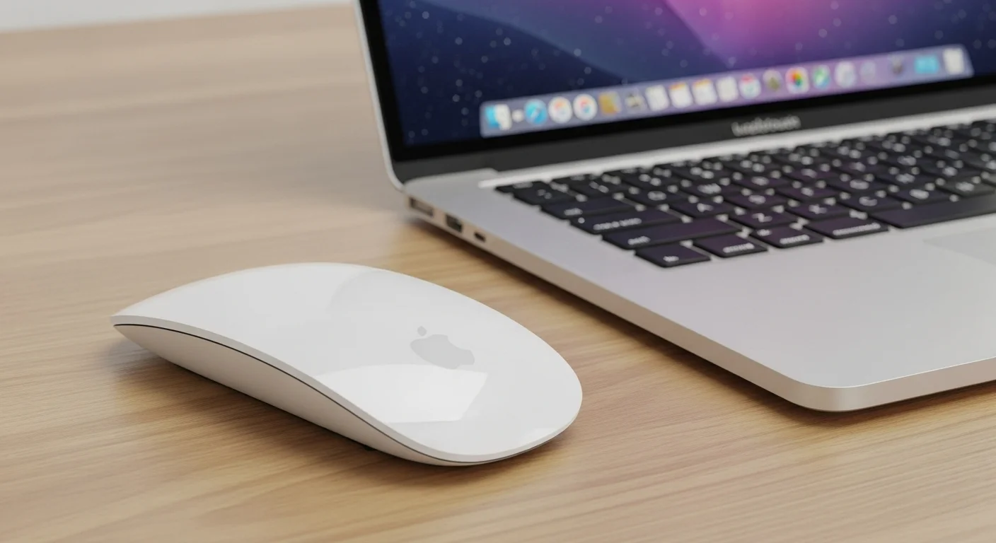 Mouse Apple blanco sobre un escritorio de madera junto a una computadora MacBook, simbolizando tecnología y productividad