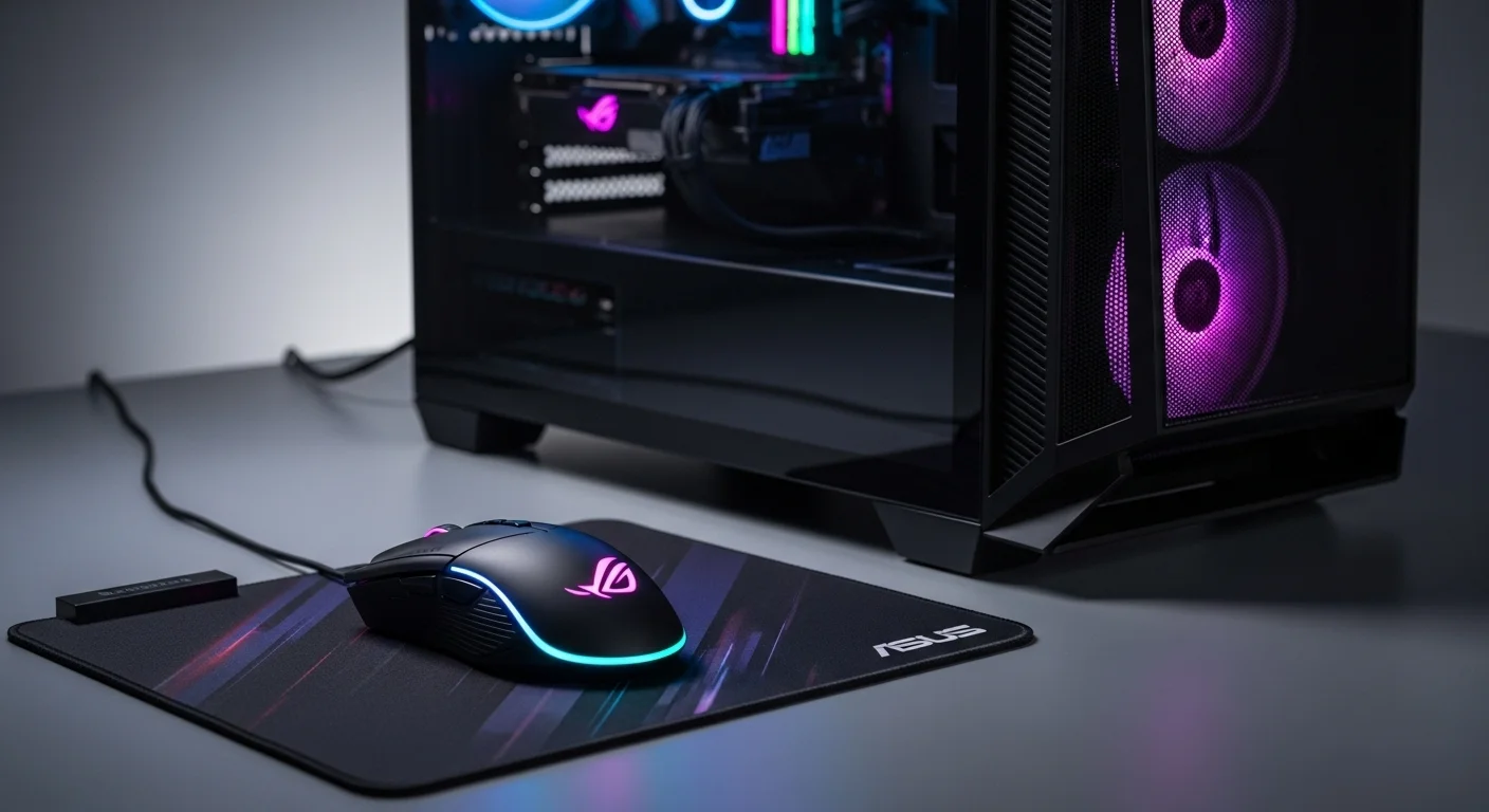Un mouse Asus ROG iluminado con luces RGB, colocado sobre un mouse pad Asus, junto a una potente computadora gaming.