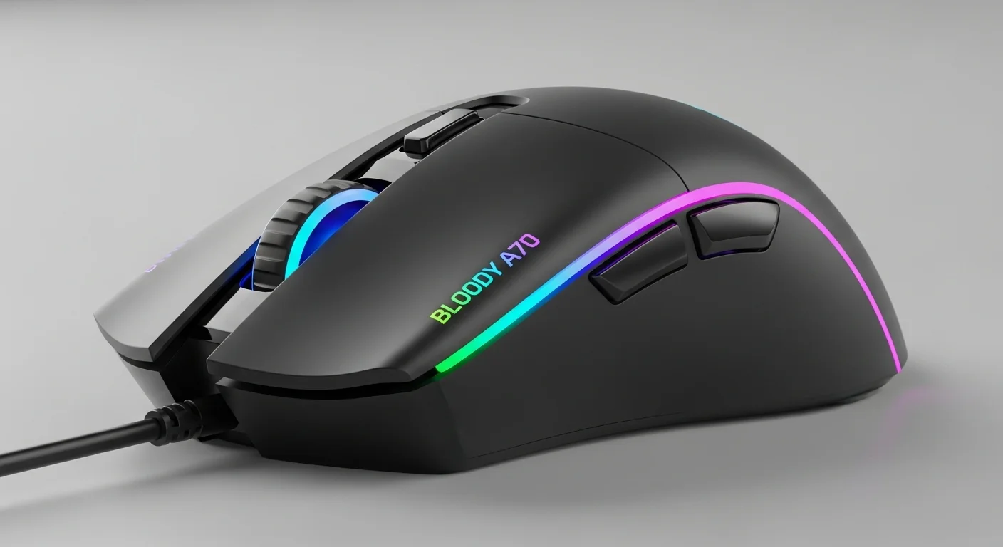 Primer plano del mouse Bloody A70 destacando su diseño ergonómico y la iluminación RGB, un accesorio clave para computadoras de alto rendimiento.