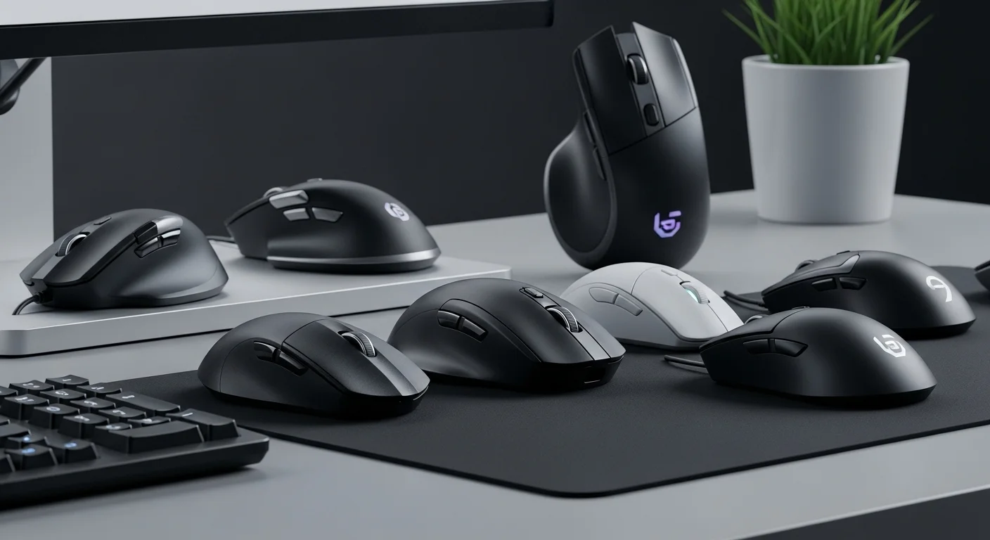 Una selección diversa de mouses para computadoras sobre un escritorio moderno, mostrando modelos ergonómicos, de gaming e inalámbricos para ilustrar la variedad de precios.