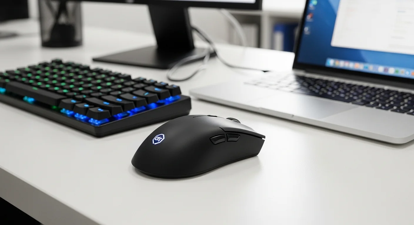 Un moderno mouse de computadora ergonómico inalámbrico sobre un escritorio de oficina junto a un teclado y una laptop