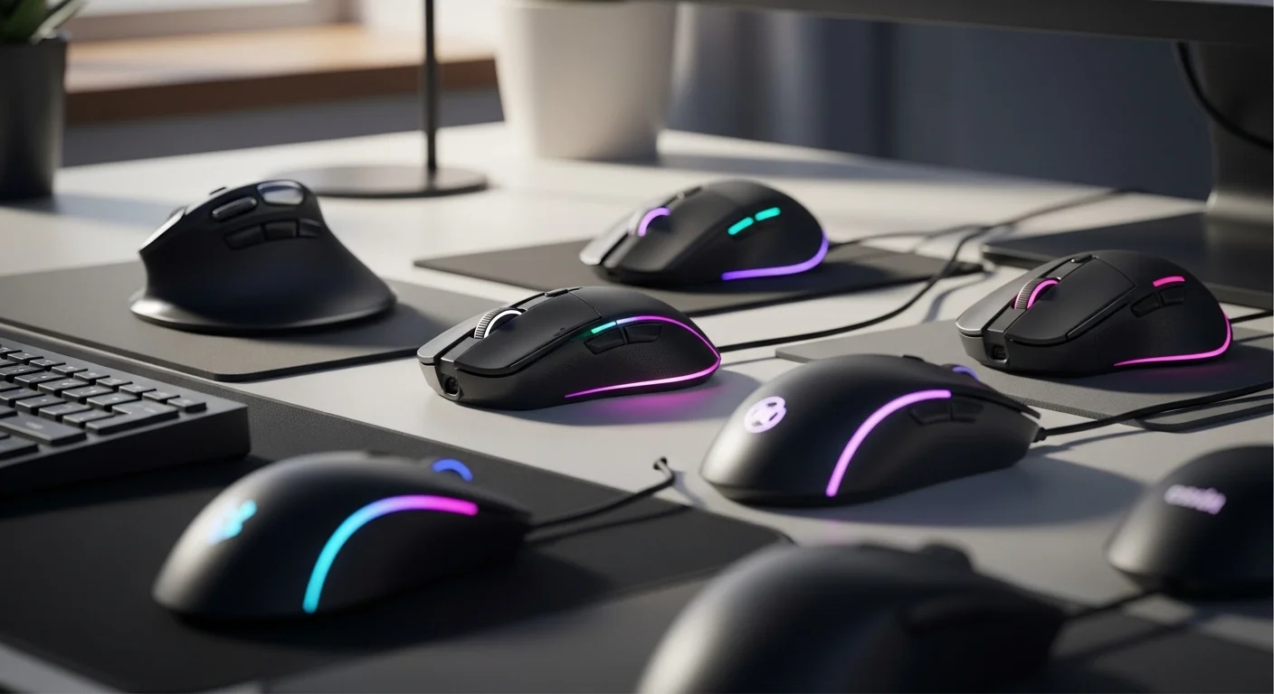 Una selección variada de mouses para computadoras, incluyendo modelos ergonómicos, de gaming y inalámbricos, sobre un escritorio tecnológico.
