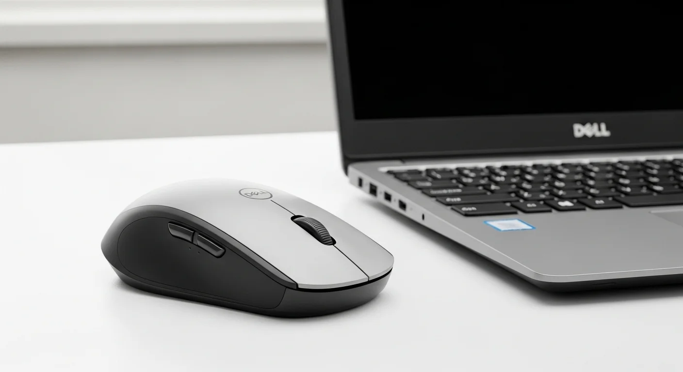 Un moderno mouse inalámbrico Dell sobre un escritorio limpio junto a una laptop Dell, representando la sinergia entre computadoras y accesorios de alta tecnología.