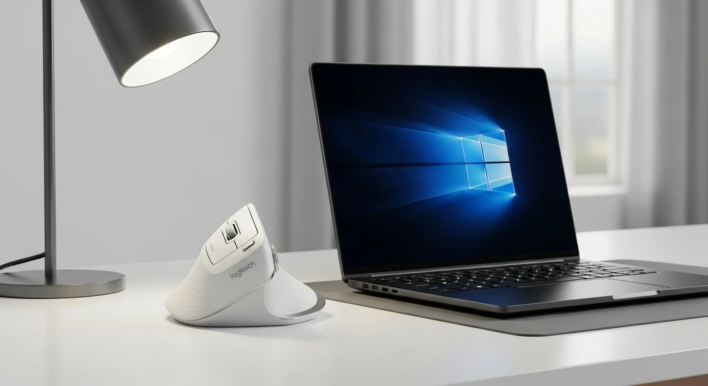 Un mouse ergonómico vertical de la marca Logitech al lado de una computadora portátil en un moderno escritorio de oficina.