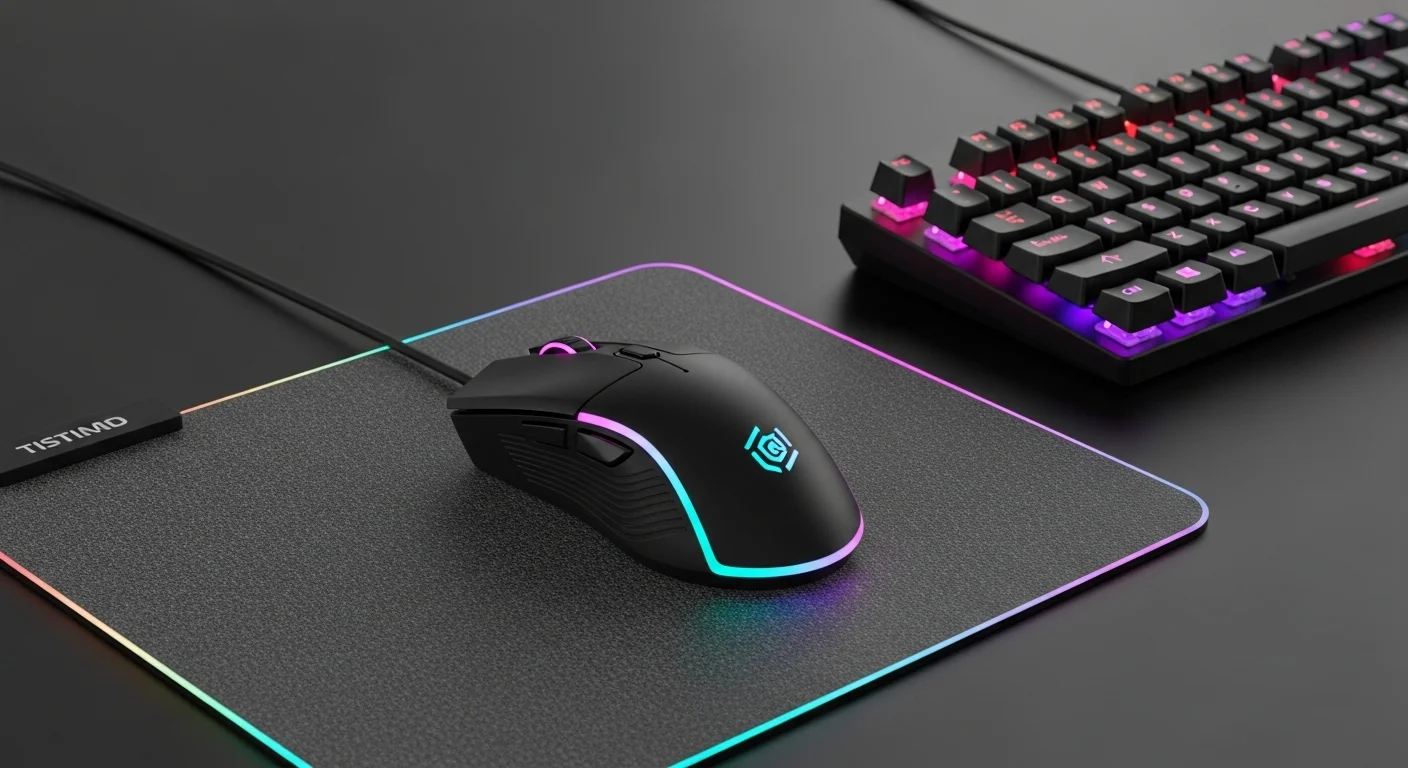 Un mouse gamer con iluminación RGB sobre un pad mouse gamer, al lado de un teclado mecánico iluminado, representando un setup de computadoras de alto rendimiento.