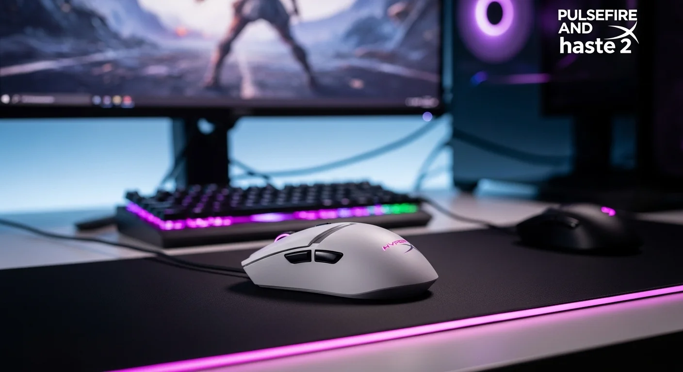 Mouse HyperX Pulsefire Haste 2 blanco sobre una alfombrilla iluminada, parte de un setup de computadoras de alto rendimiento.