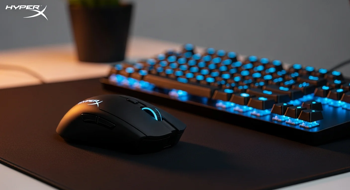 Mouse Hyperx Pulsefire Haste inalámbrico color negro sobre una alfombrilla gaming, junto a un teclado iluminado, representando un setup de computadoras de alto rendimiento.