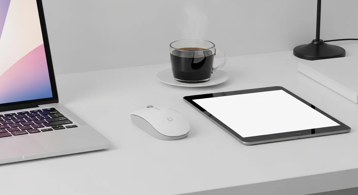 Un moderno mouse inalámbrico recargable sobre un escritorio limpio, junto a una laptop, una tableta y una taza de café, simbolizando la productividad y la conexión entre computadoras y tecnología.