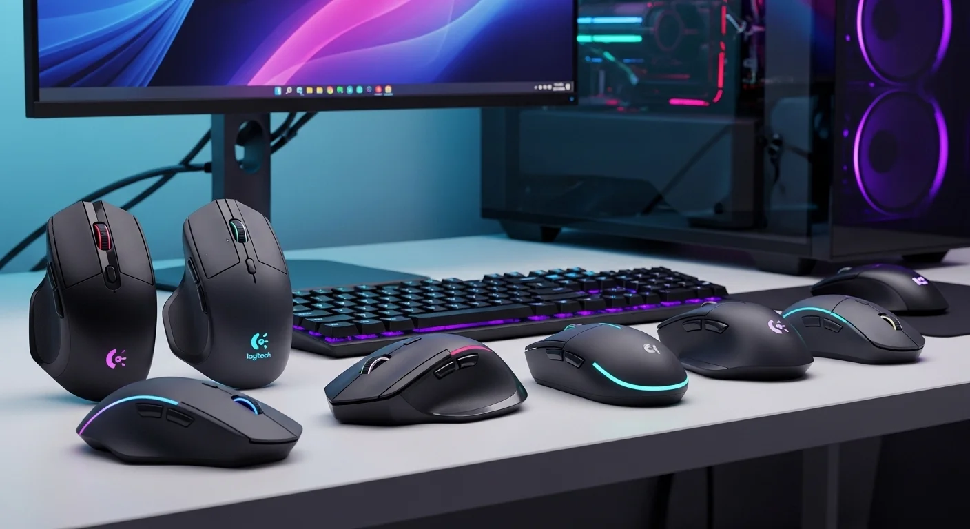 Colección de mouse Logitech sobre un escritorio moderno con computadoras, mostrando modelos para gaming y oficina.