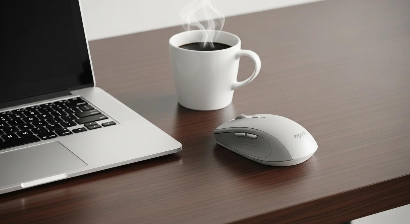 Mouse inalámbrico Logitech M170 sobre un escritorio junto a una laptop y una taza de café, representando un entorno de trabajo con computadoras y tecnología.
