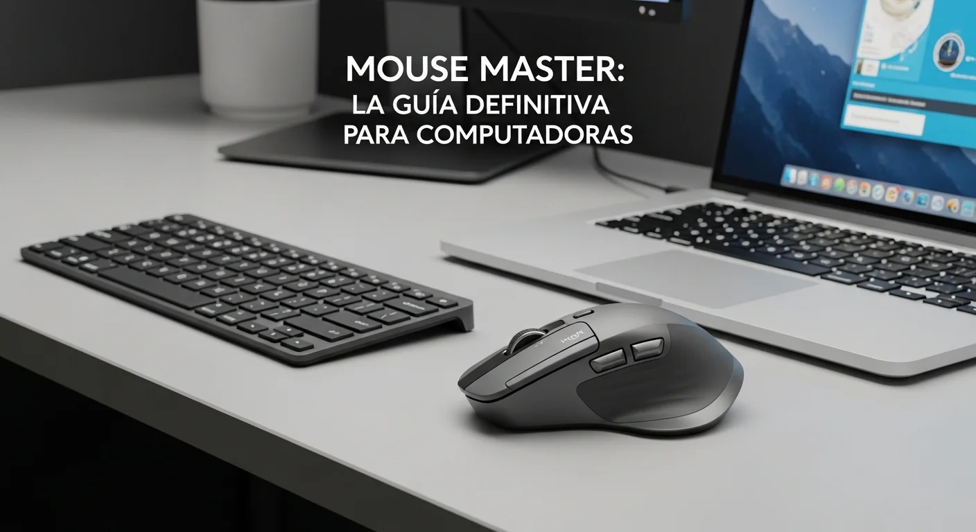 Una imagen profesional del mouse Logitech MX Master 3S sobre un escritorio moderno junto a una laptop y un teclado, representando el concepto de Mouse Master para computadoras.
