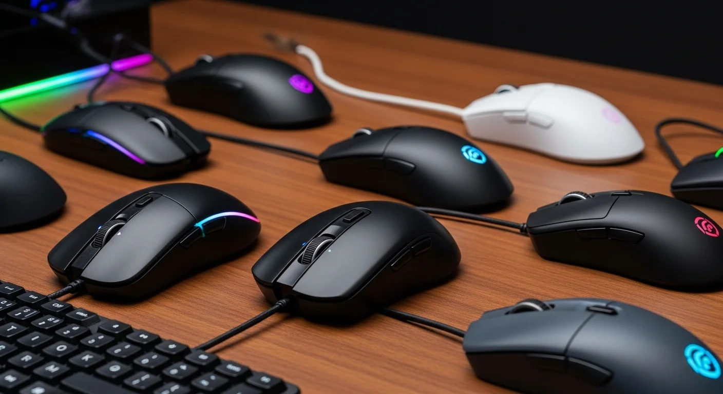 Una selección variada de mouses para computadoras en una superficie de madera, mostrando modelos gamer e inalámbricos que representan el diverso mouse mercado.