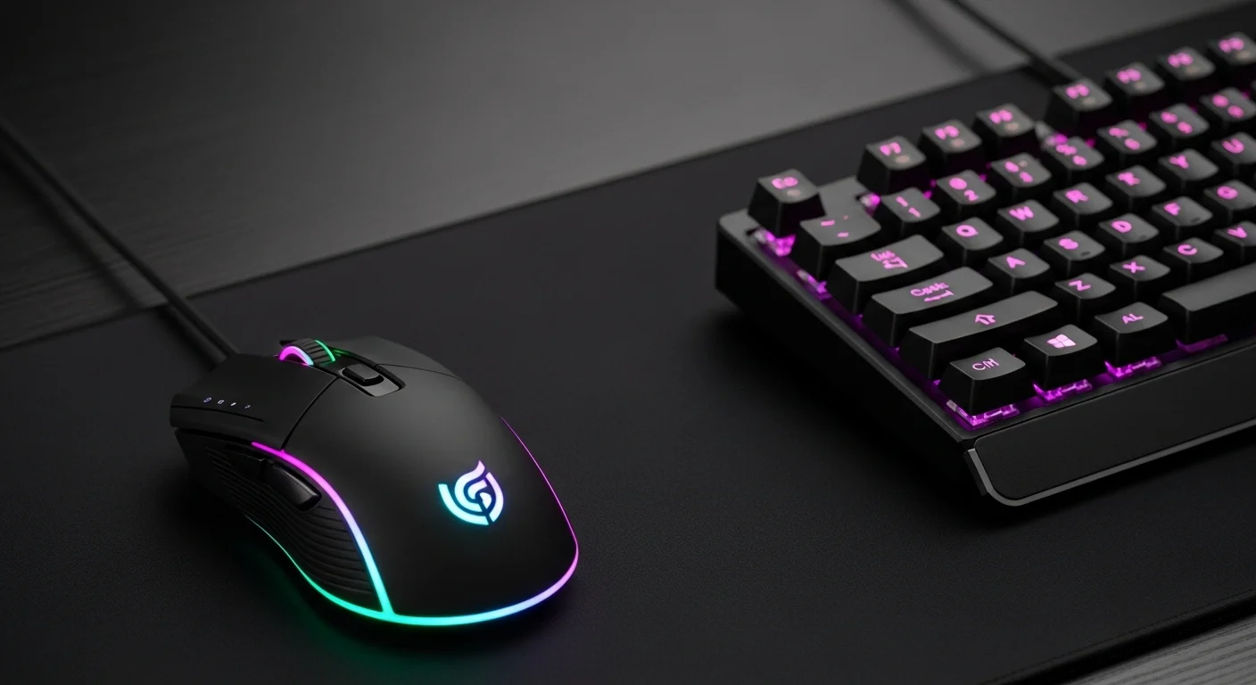 Un mouse mmo iluminado con luces RGB sobre una alfombrilla junto a un teclado mecánico, representando el equipo ideal para computadoras de gaming.