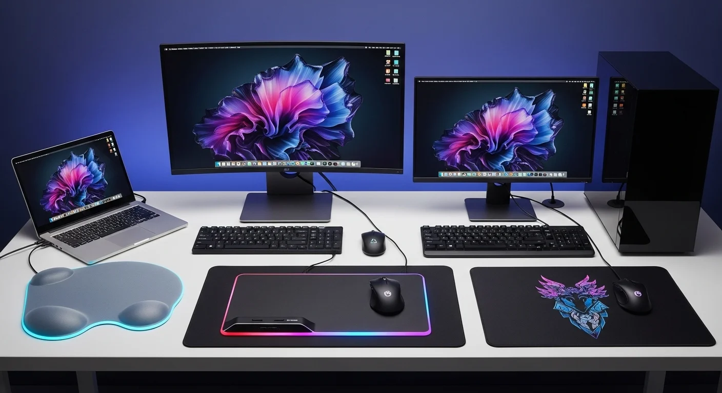 Una selección de varios tipos de mouse pad sobre un escritorio moderno, mostrando un mouse pad gel ergonómico, un mouse pad led iluminado y un pad mouse personalizado junto a varias computadoras.