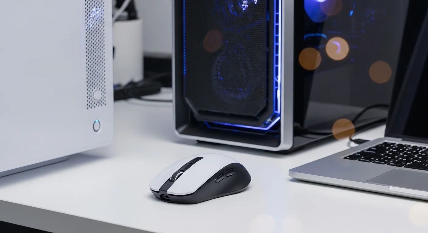 Moderno y elegante mouse pc inalámbrico sobre un escritorio minimalista junto a computadoras de alta tecnología.