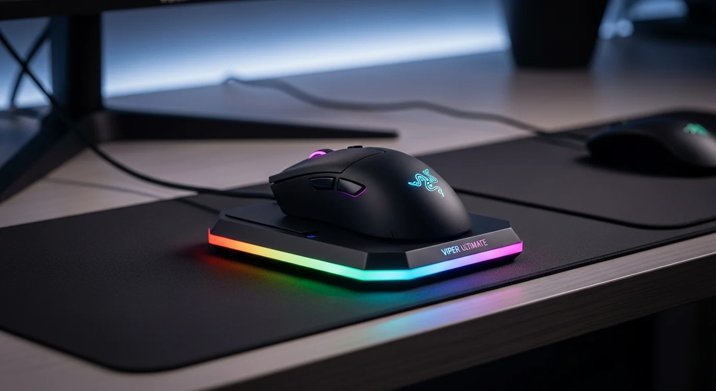 Mouse Razer Viper Ultimate en su estación de carga, iluminado con RGB, sobre un escritorio de computadora moderno.