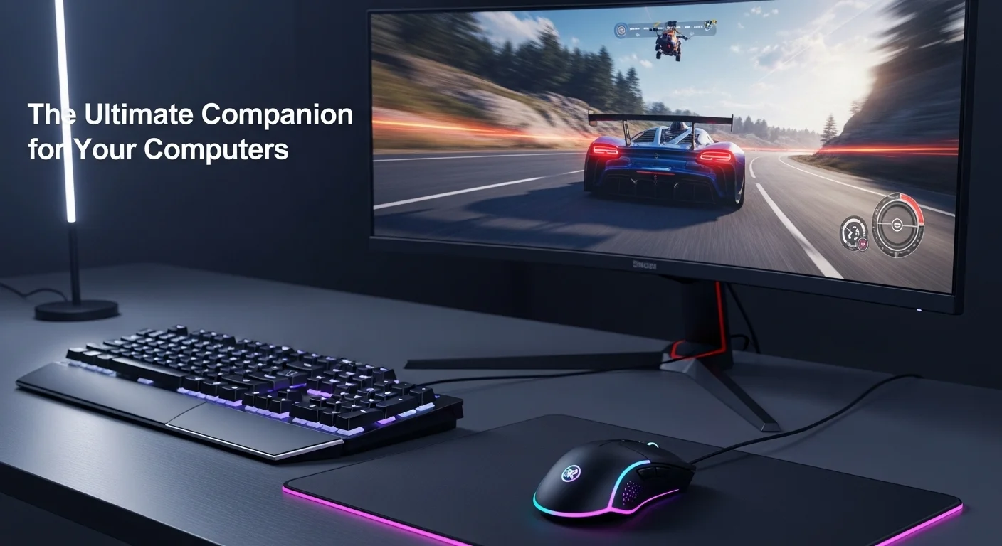 Un Mouse Redragon con iluminación RGB vibrante sobre un mouse pad, colocado junto a un teclado y un monitor de computadoras enfocado en gaming. [46]