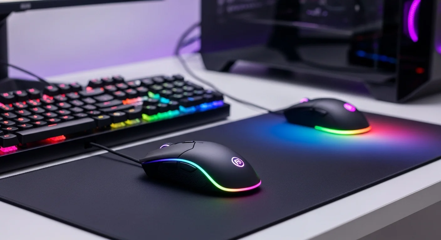 Un setup de computadora para gaming con un mouse rgb gamer iluminado en varios colores, junto a un teclado y un mouse pad rgb a juego, creando una atmósfera tecnológica.