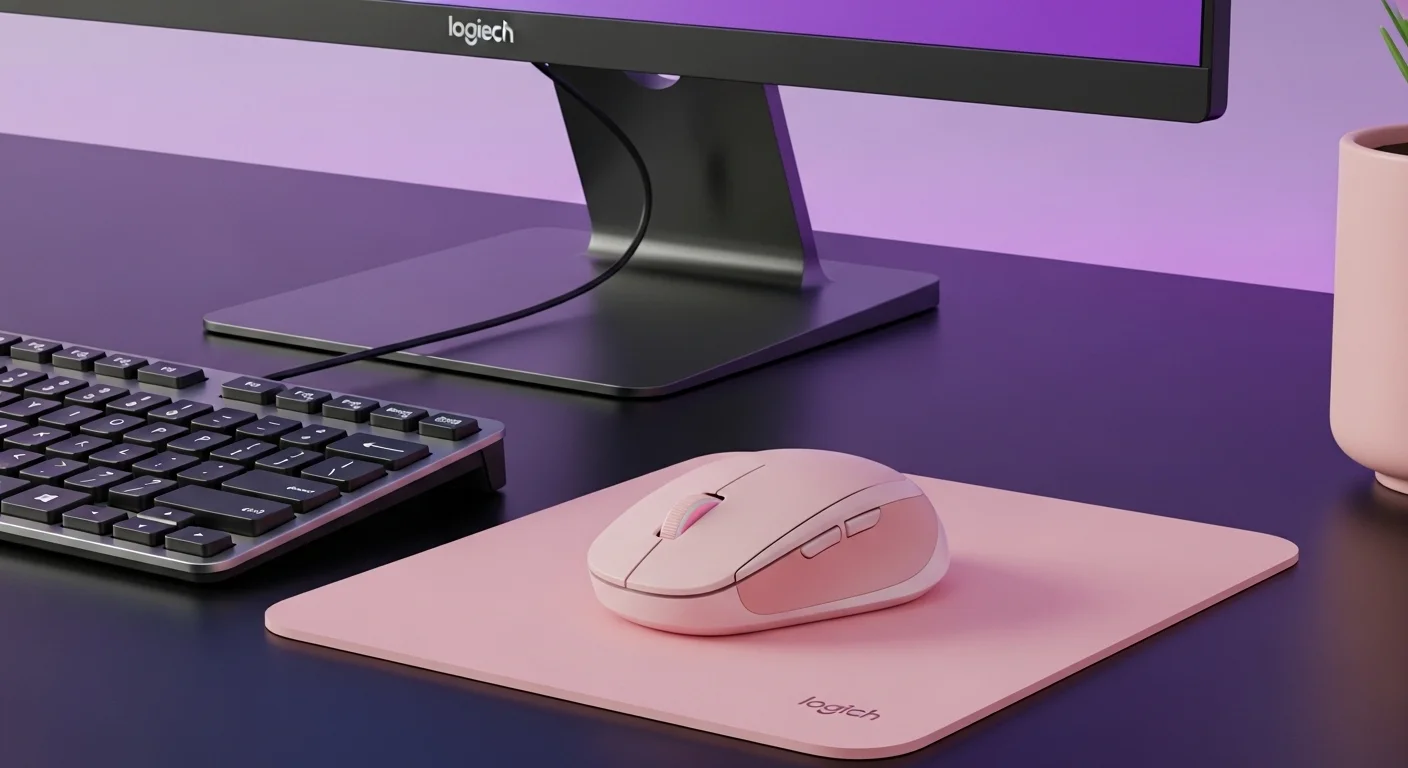 Un moderno mouse rosa Logitech inalámbrico sobre un mouse pad rosado, parte de un elegante setup de computadoras con teclado y monitor.