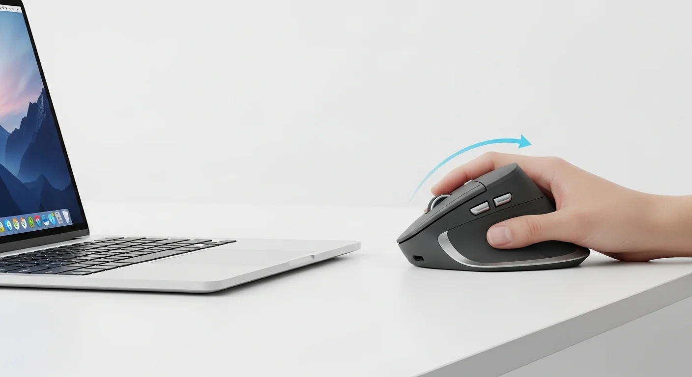 Mouse vertical Logitech MX Vertical en un escritorio moderno junto a una computadora portátil, demostrando una postura ergonómica de la mano.