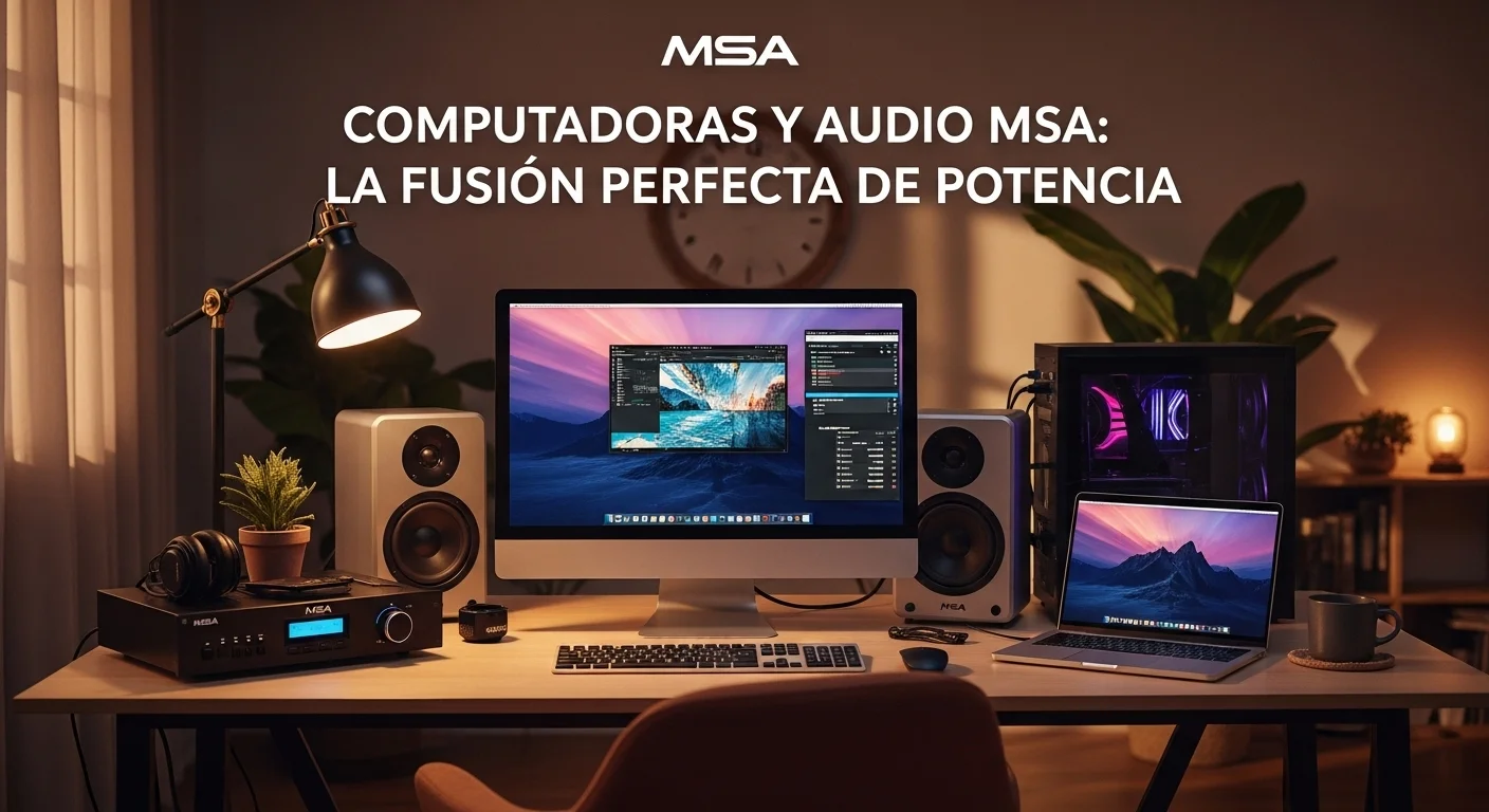 Setup de oficina moderno con una computadora, laptop y un sistema de audio profesional Msa, mostrando la sinergia entre tecnología y sonido.