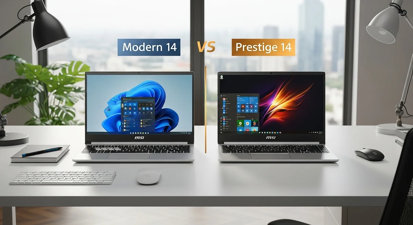 Comparativa de computadoras portátiles MSI 14, mostrando un modelo MSI Modern 14 y un MSI Prestige 14 lado a lado sobre un escritorio de oficina moderno
